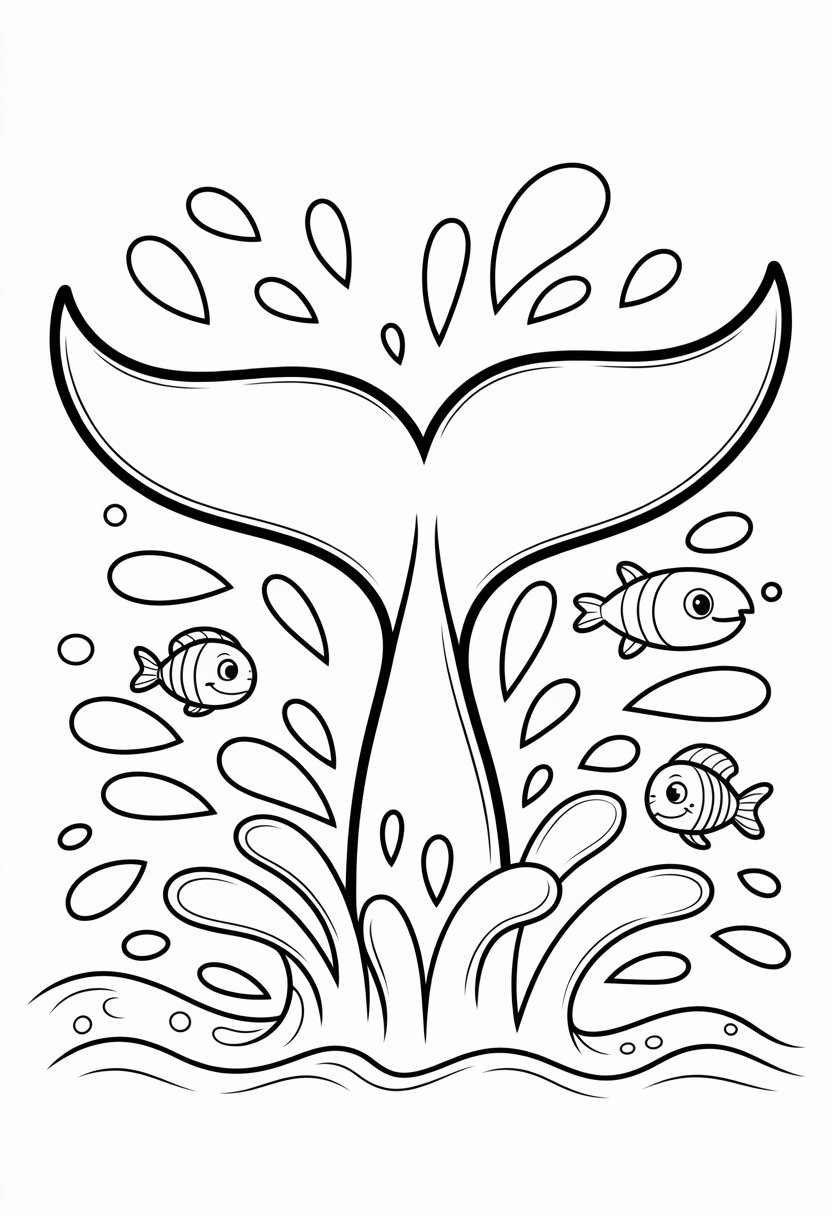 Whale Coloring Pages For Kids | 11 Fun and Educational Designs 12 A large whale tail splashing out of the ocean with water droplets, small fish, and bubbles around it.